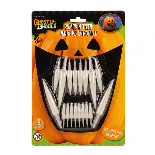 Ghostly Ghouls Pumpkin Teeth Halloween novelty toy in retail blister packaging, featuring 18 white glow-in-the-dark fang-shaped teeth attached to a black mouth-shaped backing with a pumpkin graphic.