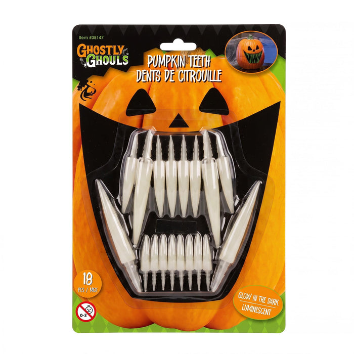 Ghostly Ghouls Pumpkin Teeth Halloween novelty toy in retail blister packaging, featuring 18 white glow-in-the-dark fang-shaped teeth attached to a black mouth-shaped backing with a pumpkin graphic.