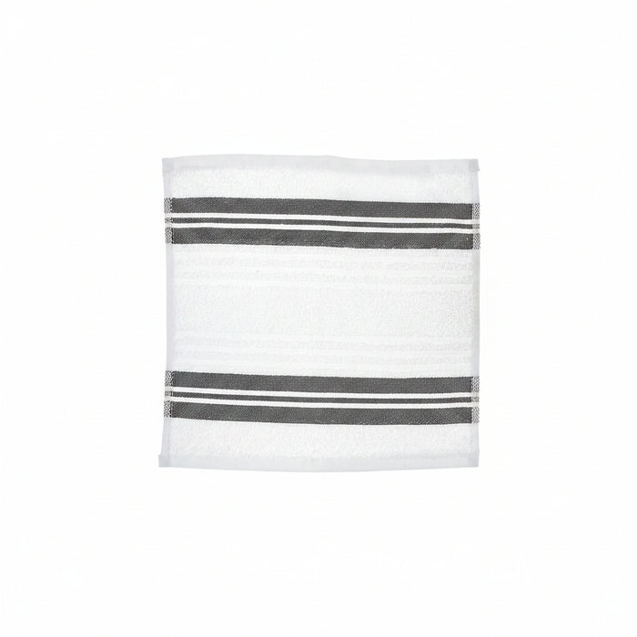 White towel with three gray stripes on a white background
