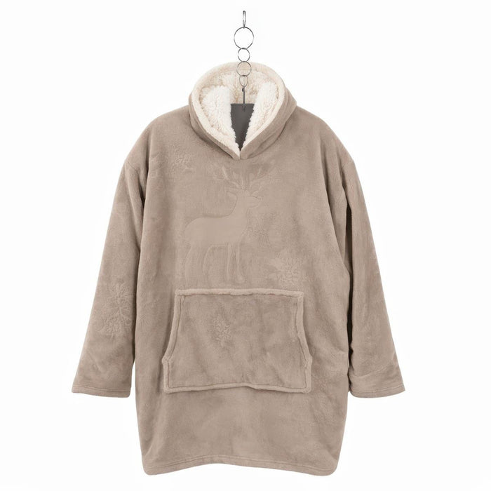 A taupe fleece hooded robe with a cream sherpa-lined hood, featuring an embroidered deer motif on the chest and a large front kangaroo pocket, hanging on a metal hanger against a white background.