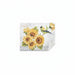 A square decorative wall hanging or panel with a printed design of yellow sunflowers, green leaves, and a green-and-yellow bird on a light background. The bottom right corner is folded over, showing a textured reverse side, against a plain white background.