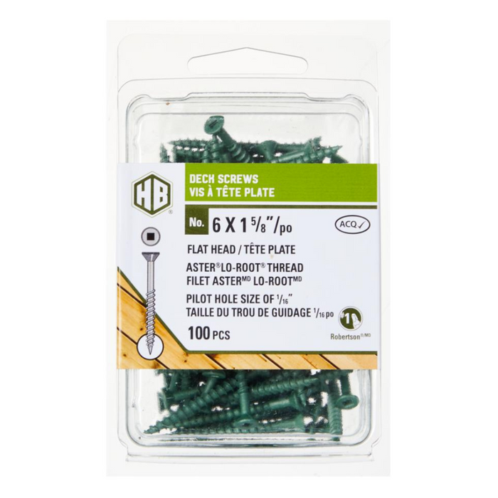 Clamshell pack of HB 6 x 1-5/8" green deck screws (100 pcs) with product label showing screw specs, pilot hole size, and ACQ rating.