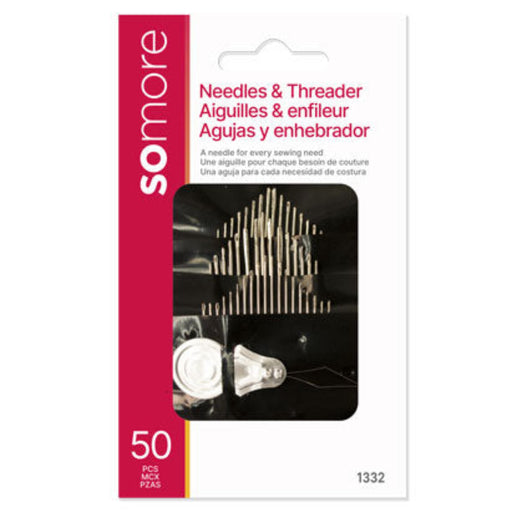 Somore needles and threader packaging with 50 needles on a white background