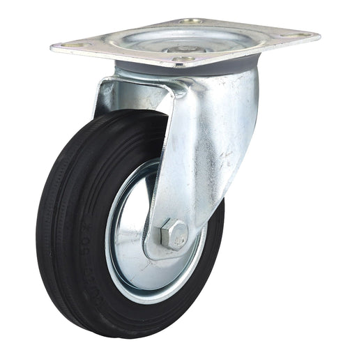 Swivel caster wheel with black tire and metal base on a white background