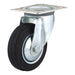 Swivel caster wheel with black tire and metal base on a white background