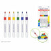 Six alcohol-proof markers from Color Factory are shown on a white background, with the retail package on the upper right and a circular inset demonstrating one marker cap being removed and attached to a car drawing. The markers come in red, orange, yellow, green, blue, and purple, and marker caps are included.