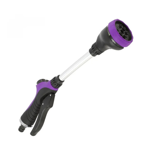 Purple and black garden hose nozzle on a white background