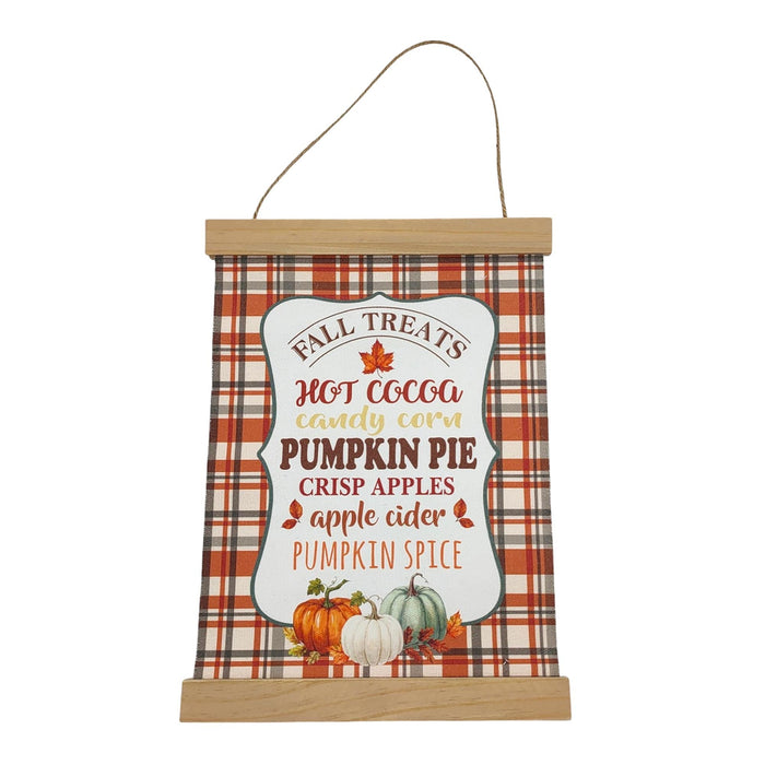 A hanging autumn-themed decorative sign with a wood top and bottom frame, a rope loop, and a fall plaid background. The center features a white label with the text 'Fall Treats' and a list of seasonal treats including hot cocoa, candy corn, pumpkin pie, crisp apples, apple cider, and pumpkin spice, plus small illustrations of pumpkins and leaves.