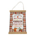 A hanging autumn-themed decorative sign with a wood top and bottom frame, a rope loop, and a fall plaid background. The center features a white label with the text 'Fall Treats' and a list of seasonal treats including hot cocoa, candy corn, pumpkin pie, crisp apples, apple cider, and pumpkin spice, plus small illustrations of pumpkins and leaves.