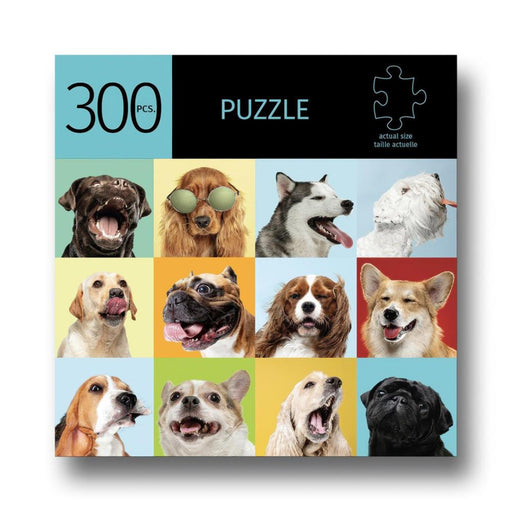 Jigsaw puzzle box with images of dogs and '300 pcs' text on a white background
