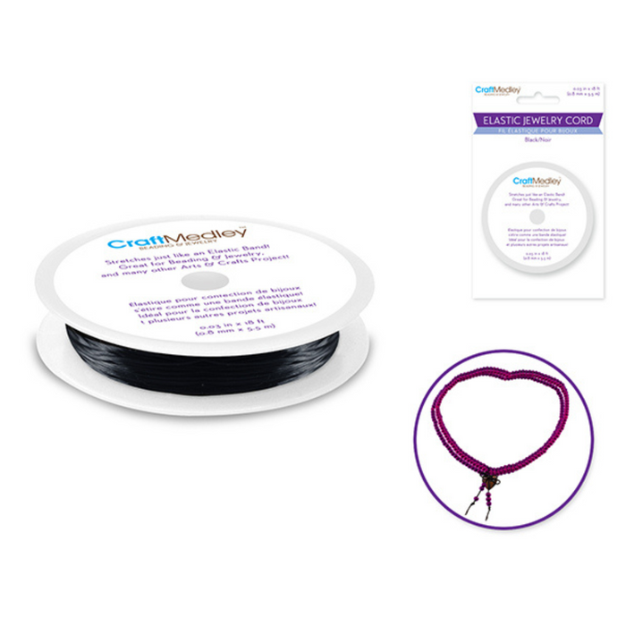 Black elastic jewelry cord (0.8mm) coiled on a spool with packaging. Inset shows a completed purple beaded necklace made using the stretch cord.