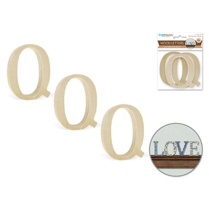 Wooden letters 'O', 'Q', and 'E' with packaging and a decorative use example on a white background.