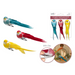 Miniature decorative birds in teal, red, and yellow with long feathered tails and gator clips. Features retail packaging and an inset image showing the birds clipped onto a wreath-style decoration.