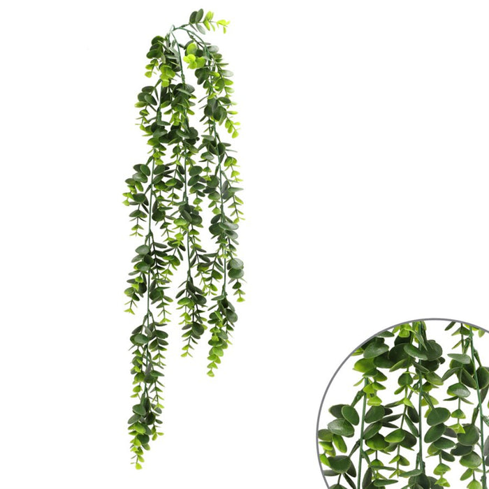 Green hanging artificial ivy vine with small oval leaves, shown against a white background with a circular inset detail of the leaf texture.