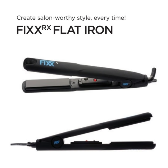 Black flat iron with 'FIXX' branding on a white background