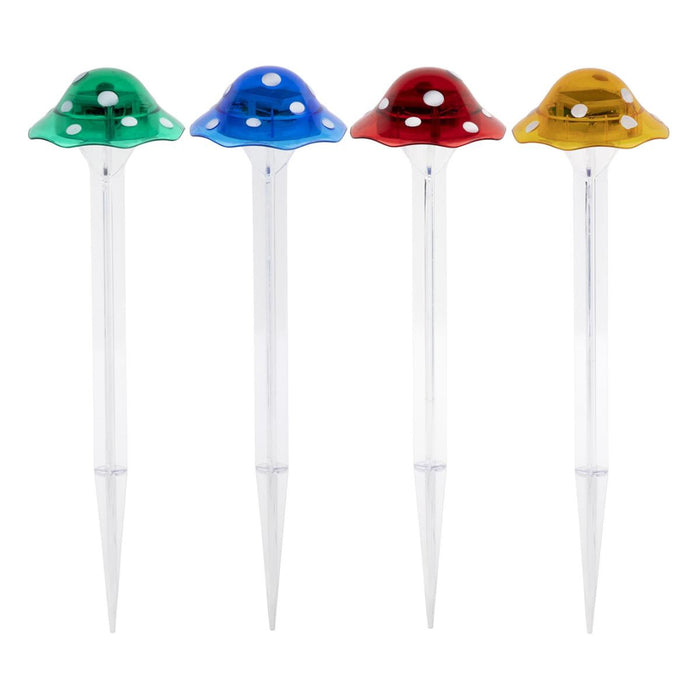 Four colorful mushroom-shaped garden stakes on a white background