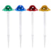 Four colorful mushroom-shaped garden stakes on a white background