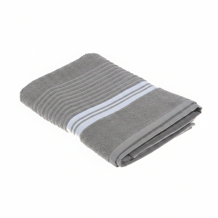 A folded gray cotton hand towel with a textured ribbed pattern and two horizontal white stripes, shown on a plain white background.
