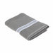A folded gray cotton hand towel with a textured ribbed pattern and two horizontal white stripes, shown on a plain white background.