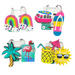 Set of colorful luggage tags with various designs on a white background