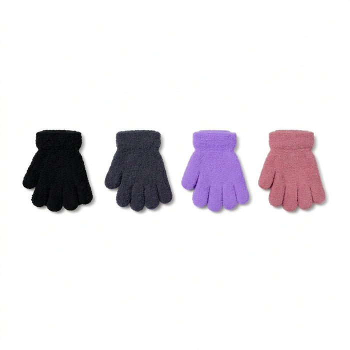 Four fuzzy knit gloves in black, dark gray, light purple, and dusty pink, arranged in a row on a plain white background.
