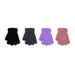 Four fuzzy knit gloves in black, dark gray, light purple, and dusty pink, arranged in a row on a plain white background.
