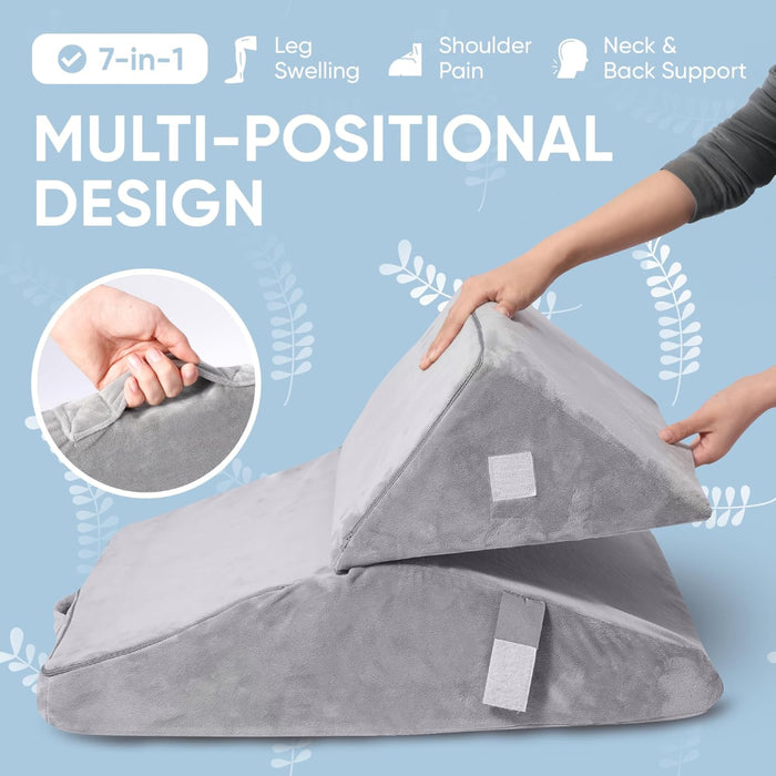 Gray multi-position pillow with text on a blue background