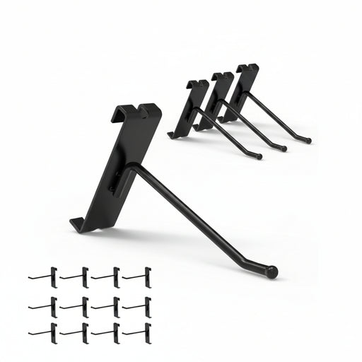 Set of black metal hooks on a white background