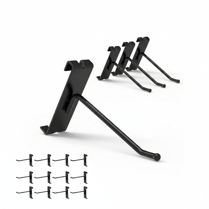Set of black metal hooks on a white background