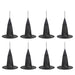 Set of eight black witch hats on a white background