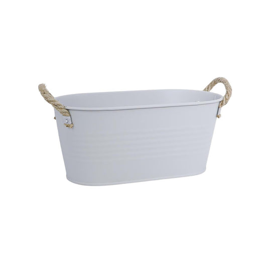 White metal bathtub with rope handles on a white background