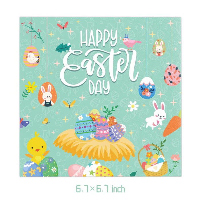 Easter-themed product packaging with colorful illustrations and 'Happy Easter Day' text on a light blue background.