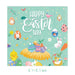 Easter-themed product packaging with colorful illustrations and 'Happy Easter Day' text on a light blue background.