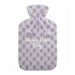 A fluffy hot water bottle cover in a lavender and white checkered pattern, featuring a lavender ribbon at the neck and the text 'Warm Vibes Only' printed in white script on the front.