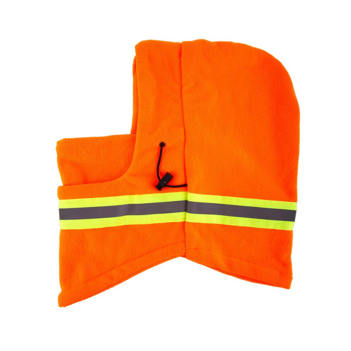 Bright orange fleece winter balaclava with reflective yellow-green and gray stripes, shown on a plain white background.