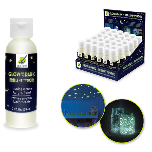 Glow-in-the-dark paint bottle with packaging and application examples on a white background
