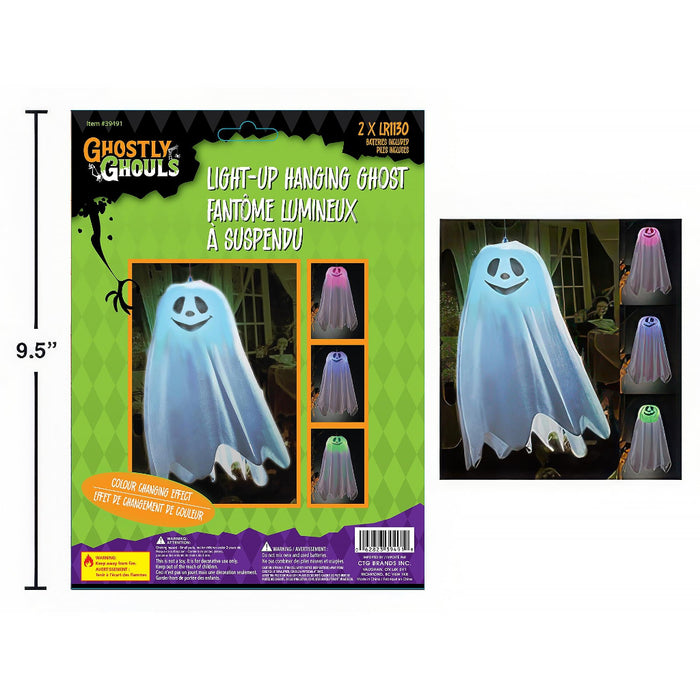 Packaged 'Ghostly Ghosts' light-up hanging ghost decoration set shown on a white background, with the front box and a smaller inset showing the ghost glowing in different colors.