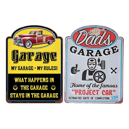 Two assorted embossed metal garage signs – one yellow and black reading “My Garage – My Rules” with a red classic car, and one grey and red reading “Dad’s Garage – Home of the Famous Project Car.”