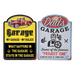 Two assorted embossed metal garage signs – one yellow and black reading “My Garage – My Rules” with a red classic car, and one grey and red reading “Dad’s Garage – Home of the Famous Project Car.”