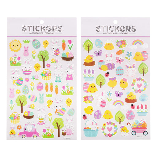 Two sheets of Easter-themed stickers with colorful designs on a white background.