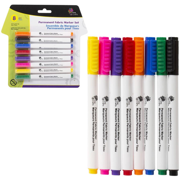 Set of permanent fabric markers with colorful caps and packaging on a white background