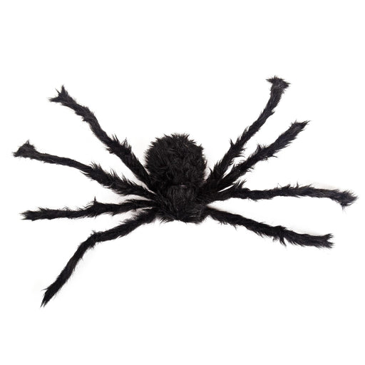 A black fuzzy spider decoration or toy shown against a plain white background.
