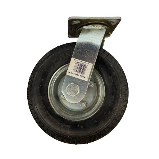 Tire with a metal hub and label on a white background