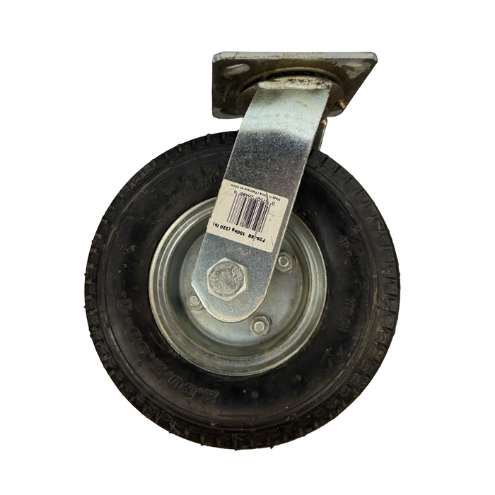 Tire with a metal hub and label on a white background