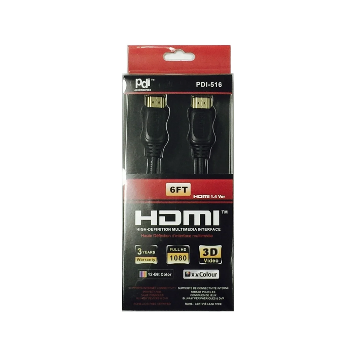 HDMI cable packaging with red and black design on a white background