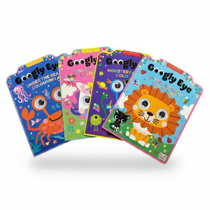 Four colorful children's coloring books fanned out on a white background. The books feature cartoon illustrations including a lion, crab, unicorn, and monster, with titles such as 'Googly Eye Under the Sea Colouring', 'Googly Eye Unicorn Colouring', 'Googly Eye Monsters Colouring', and 'Googly Eye Animal in the Garden Colouring'.