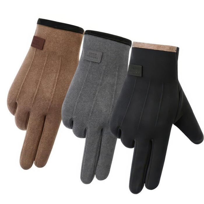 Three winter gloves shown side by side on a white background: one brown, one heather gray, and one black. Each glove has a small rectangular brand patch near the cuff.
