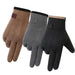 Three winter gloves shown side by side on a white background: one brown, one heather gray, and one black. Each glove has a small rectangular brand patch near the cuff.