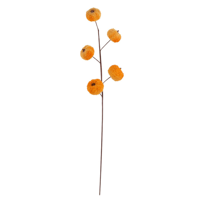 A single decorative stem with four small orange pom-pom style flowers on a dark brown branch, isolated on a white background.