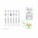 Six Color Factory alcohol-free markers in assorted colors shown upright, with a retail package of six markers on the right and a small usage inset showing a marker tip on flowers. Marker caps are included.